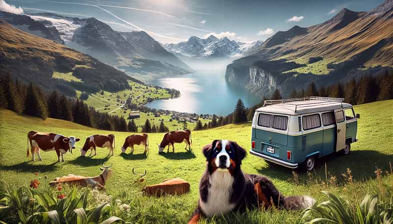 KI generiertes Bild Thunersee mit Kühen, Hund und VW Bully