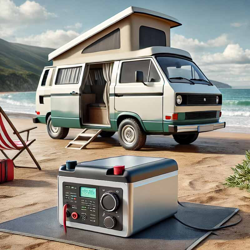 KI generiertes Bild - Powerstation vor eine VW Bully am Strand