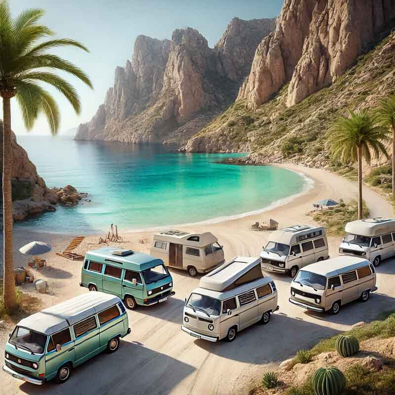KI generiertes Bild VW Bulli am Strand auf den Lofoten