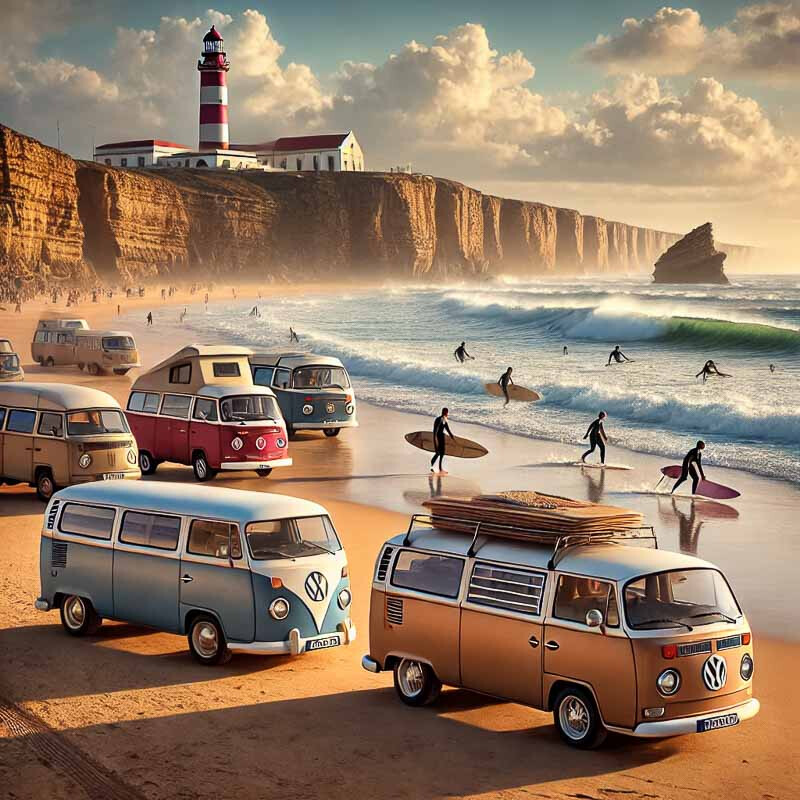 KI generiertes Bild VW Bulli am Strand von Nazare