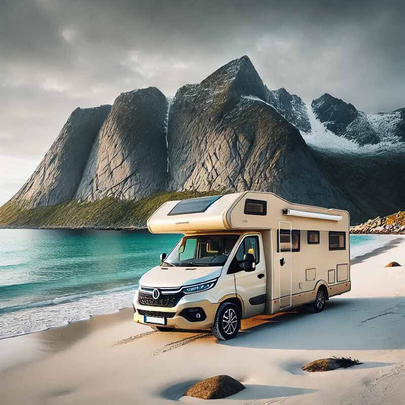 KI generiertes Bild Wohnmobil am Strand auf den Lofoten