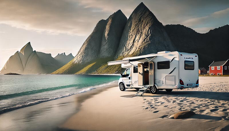 KI generiertes Bild Wohnmobil am Strand auf den Lofoten
